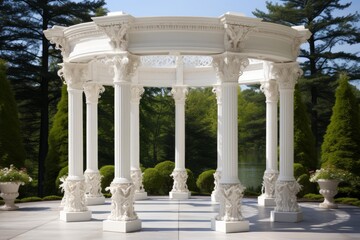 Naklejka premium Ornate white gazebo with columns and decorative carvings stands in a tranquil garden setting, perfect for weddings or outdoor events