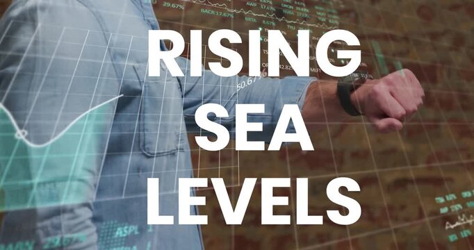 Animation of rising sea levels over financial graph and caucasian businessman with smartwatch