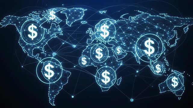 Illuminated world map displaying global financial networks with dollar symbols, representing international finance and economy.