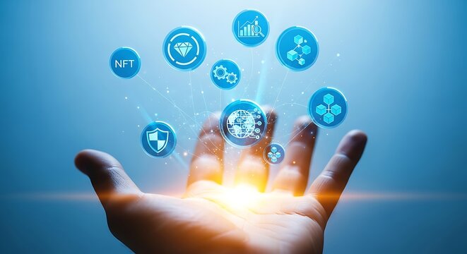 Hand holding a glowing collection of digital icons including NFT, diamond, and globe, symbolizing decentralized finance, digital assets, and the metaverse.