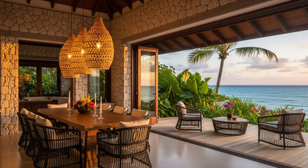 Fototapeta premium Open-air coastal dining room with natural stone walls, woven lighting, and a sunset ocean view 