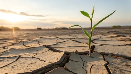 Green seedling emerges from cracked dry earth symbolizing hope
