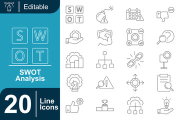 SWOT Analysis icons strategic planning, business development, brainstorming, risk assessment, and decision-making tools