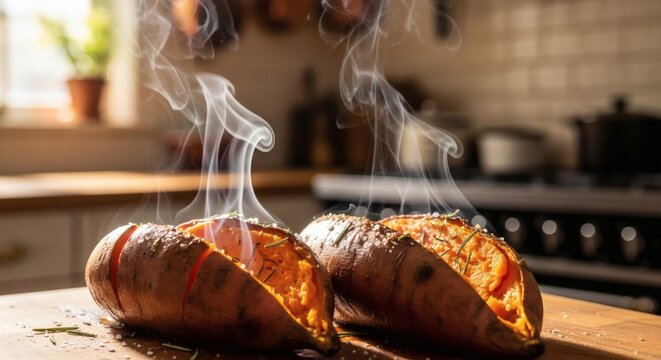 Delicious baked sweet potatoes with steam rising on kitchen counter for National Cook a Sweet Potato Day