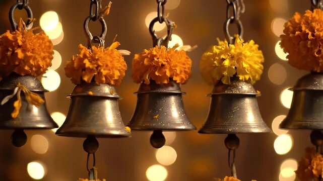 Close Up Of Decorative Metal Bells With Orange And Yellow Marigold Flowers Hanging Against A Blurred Golden Bokeh