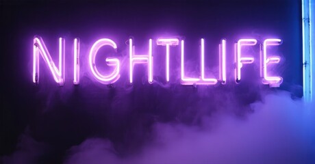 Obraz premium Bright purple neon sign spells NIGHTLIFE. Smoke fills bottom portion of frame, creating moody atmosphere. Dark background enhances glow.