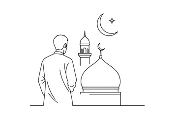Obraz premium Ramadan vector illustration of man looking at mosque