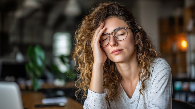 A high-quality lifestyle photo of a young professional sitting at a desk and holding their head with one hand, expressing deep thought, stress, or exhaustion in a modern office.