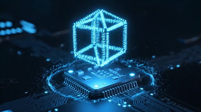 High Tech Computer Microchip on Circuit Board with Glowing Blue Light Data Particles and 3D Holographic Cube Representing Advanced Computing and Blockchain