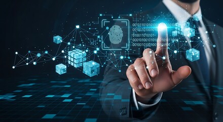 Fototapeta premium Businessman interacting with a holographic interface displaying a fingerprint, binary code, and cubes, symbolizing digital security and identity.