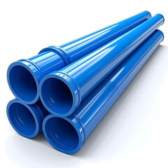 Stack of five vibrant blue pipes on a white background, showing cylindrical shapes and uniform surface finish