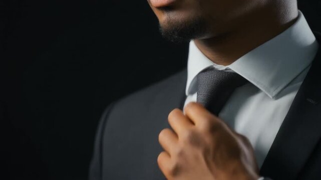 Professional man adjusting his tie before work, representing ambition, confidence, and business success.