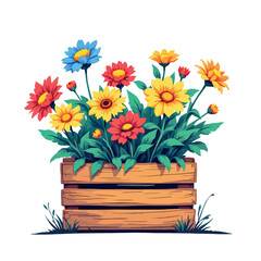 Vsai colorful flowers growing in wooden garden box