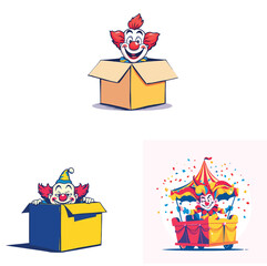Vsai clowns popping out of boxes and riding carnival wagon