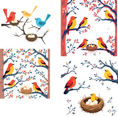 Vsai colorful birds sitting on tree branches with nests