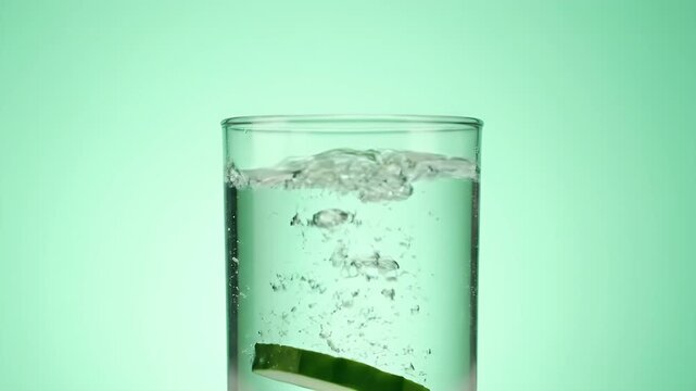 Cucumber Slice Falling Into Water Glass in Front of a Green Background with Minimal Bubbles and Refreshing Atmosphere