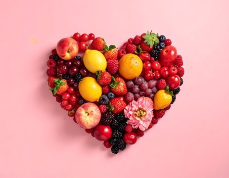 A heart-shaped arrangement of various fruits on a pink background