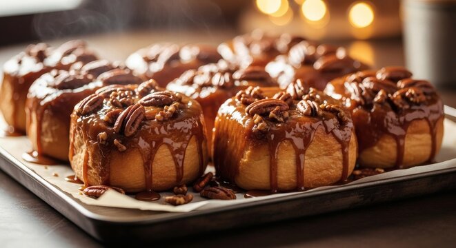 Delicious sticky buns with caramel sauce and pecans on a baking sheet perfect for National Sticky Bun Day