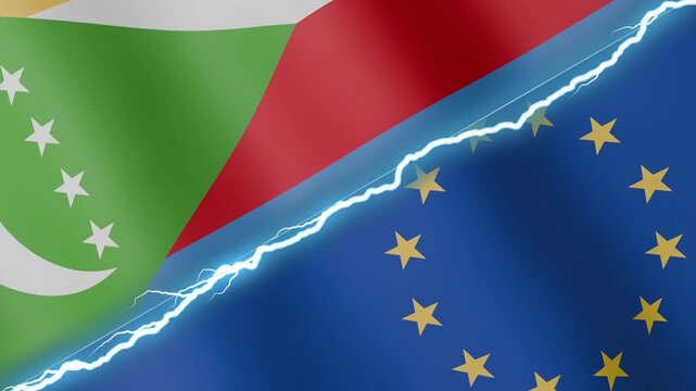 Two waving flags Comoros and European Union with diagonal lightning seamless, 4k loop