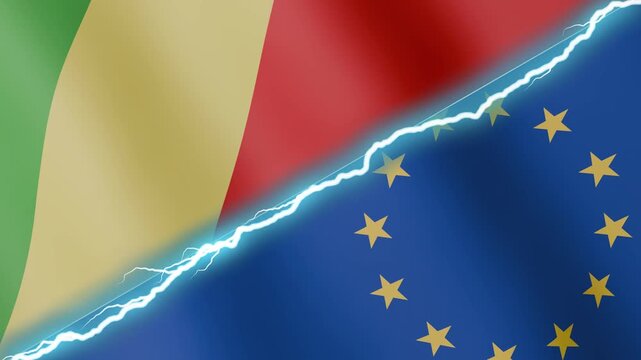 Two waving flags Congo-Brazzaville and European Union with diagonal lightning seamless, 4k loop