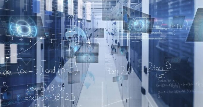 Animation of scopes on screens, mathematical equations and data processing over computer servers
