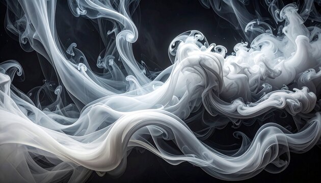White smoke tendrils swirling against dark background, forming fluid abstract shapes with luminous contrast