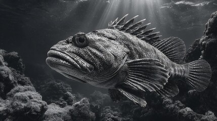 Obraz premium Monochrome, textured fish swimming near coral reefs, sunrays cutting through water