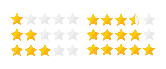 Five Star Rating System Icon Set - Yellow Customer Review Feedback Symbols for E-commerce and Mobile App UI Design