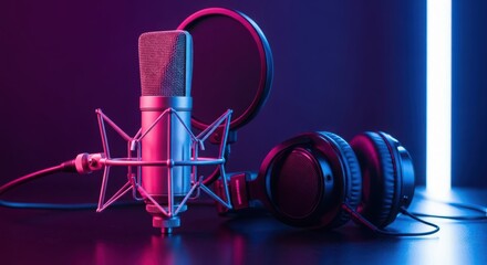 Professional microphone and headphones setup with neon lighting for podcasting or music production studio