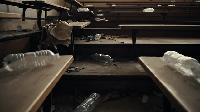 Desolate Classroom Crime Scene Background with Debris and Plastic Bottles Littered on Desks in Brown Hues Perfect for