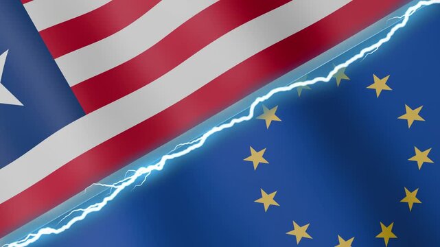 Two waving flags Liberia and European Union with diagonal lightning seamless, 4k loop
