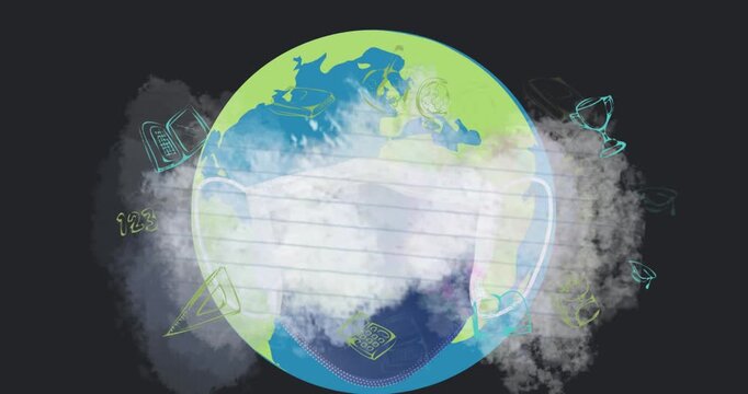 Animation of globe with face mask over school icons