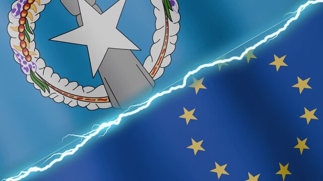 Two waving flags Northern Mariana Islands and European Union with diagonal lightning seamless, 4k loop