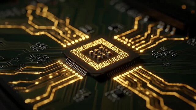 Digital Cpu Chip on a Circuit Board with Illuminated Golden Data Flow