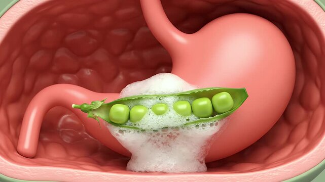 Digestion of Green Peas in Stomach Illustration for Science Videos about Human Anatomy and Healthy Eating Educational