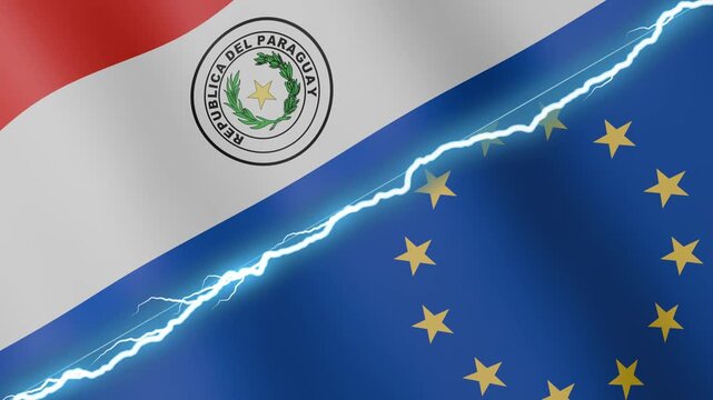 Two waving flags Paraguay and European Union with diagonal lightning seamless, 4k loop