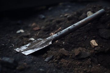 Fototapeta premium Small shovel lying on dark soil at construction site, ready for digging and earthmoving