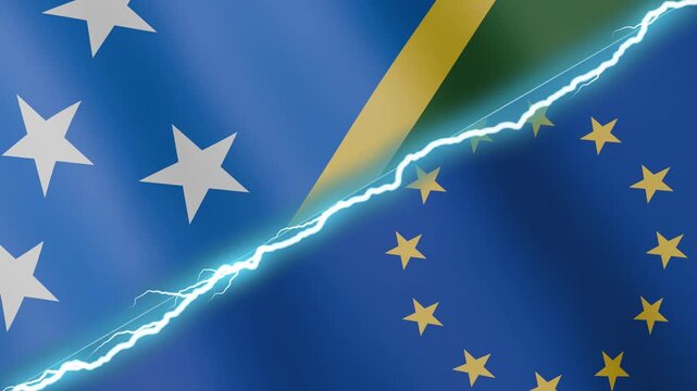 Two waving flags Solomon Islands and European Union with diagonal lightning seamless, 4k loop