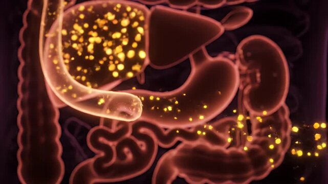 Digestive System Animation Showing Internal Organs with Nutrient Absorption on Dark Background Animated Medical