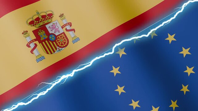 Two waving flags Spain and European Union with diagonal lightning seamless, 4k loop