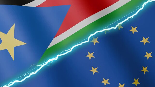 Two waving flags South Sudan and European Union with diagonal lightning seamless, 4k loop
