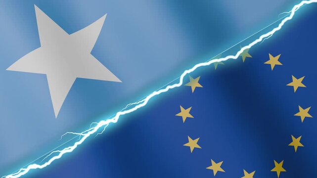 Two waving flags Somalia and European Union with diagonal lightning seamless, 4k loop