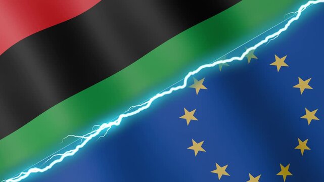 Two waving flags UNIA and European Union with diagonal lightning seamless, 4k loop