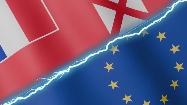 Two waving flags Wallis and Futuna and European Union with diagonal lightning seamless, 4k loop