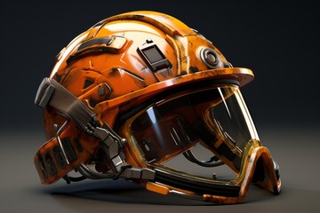 Fototapeta premium Orange futuristic helmet with visor and advanced technology features, suggesting protection and innovation in a dark setting