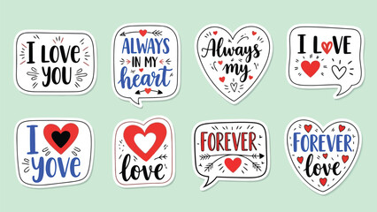 Obraz premium Collection of colorful stickers featuring loving messages hearts and romantic expressions for valentine s day