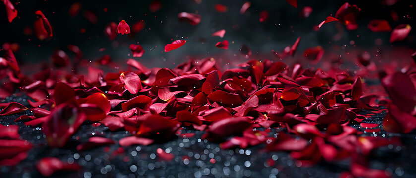  Dynamic capture of red rose petals dancing and falling in air red storm against black background for luxury event and holiday celebration
