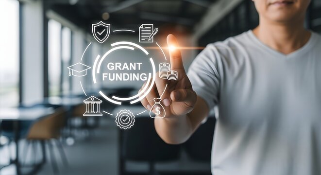 A person interacting with a virtual interface showcasing grant funding concepts