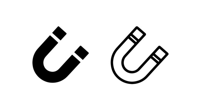 Horseshoe magnet icons, solid black and outline, representing magnetism, attraction, and science