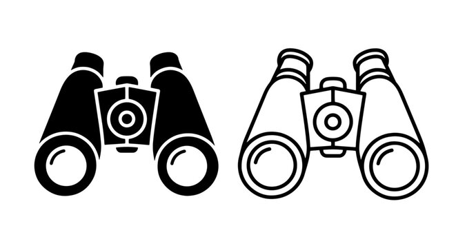 Pair of binoculars icons, black silhouette and outlined, for viewing and travel